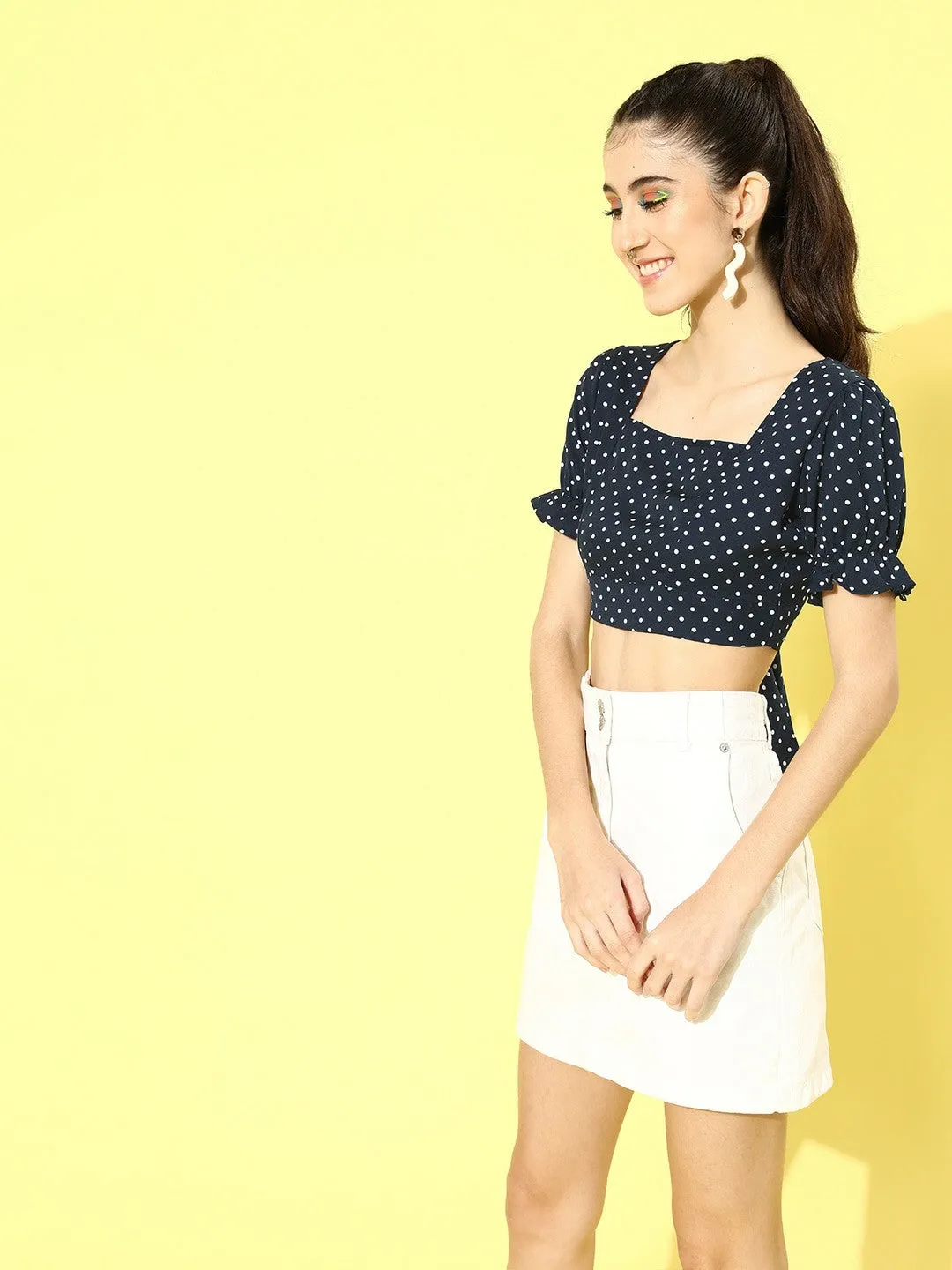 Berrylush Women Navy Blue Polka Dot Printed Crepe Empire Crop Top