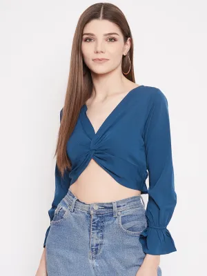 Berrylush Women Solid Blue V-Neck Front Twisted Crop Top