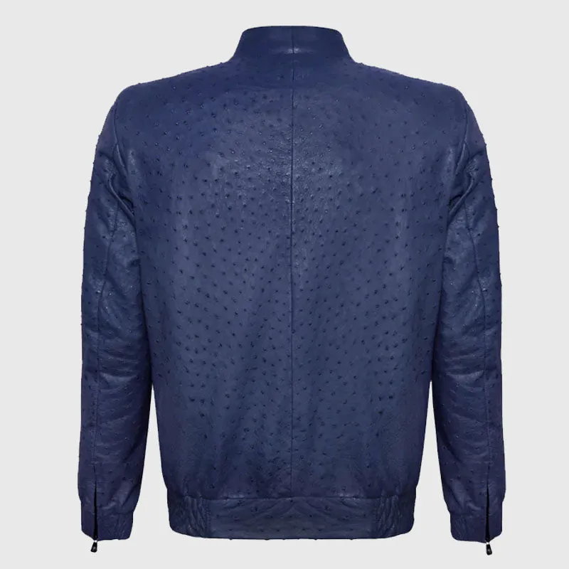 Best Fashion Genuine Premium Blue Ostrich Leather Zip Up Biker Jacket