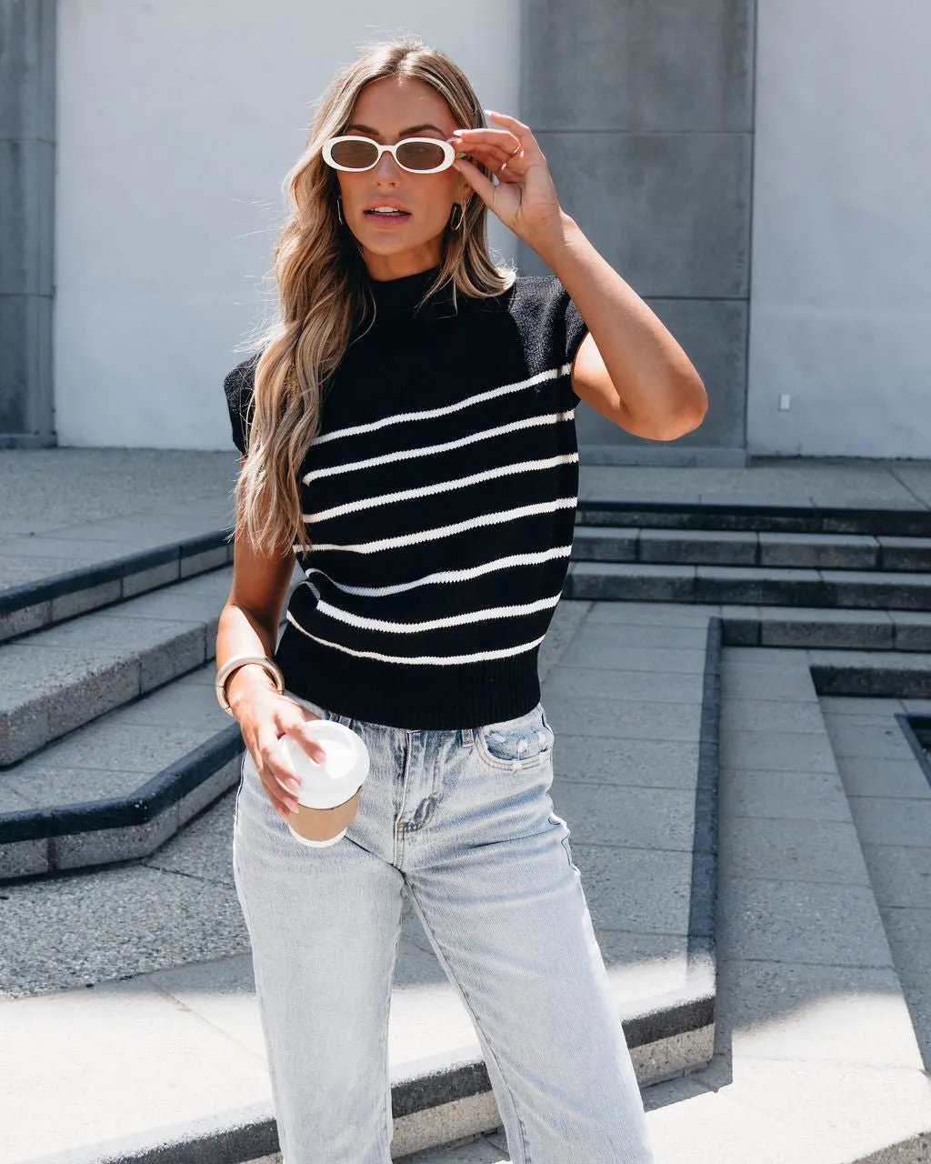 Black and White Striped Mock Neck Sweater - FINAL SALE