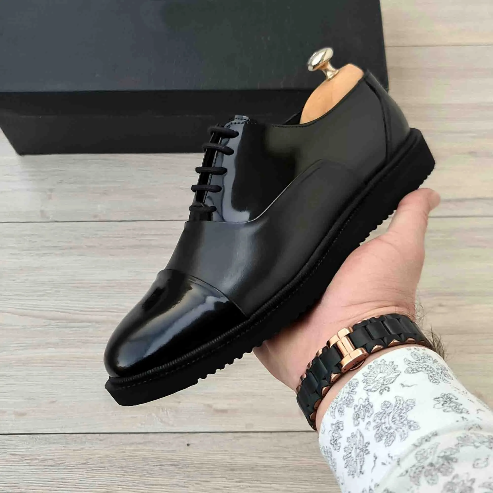 Black Men's Leather Cap Toe Derby Dress Shoes