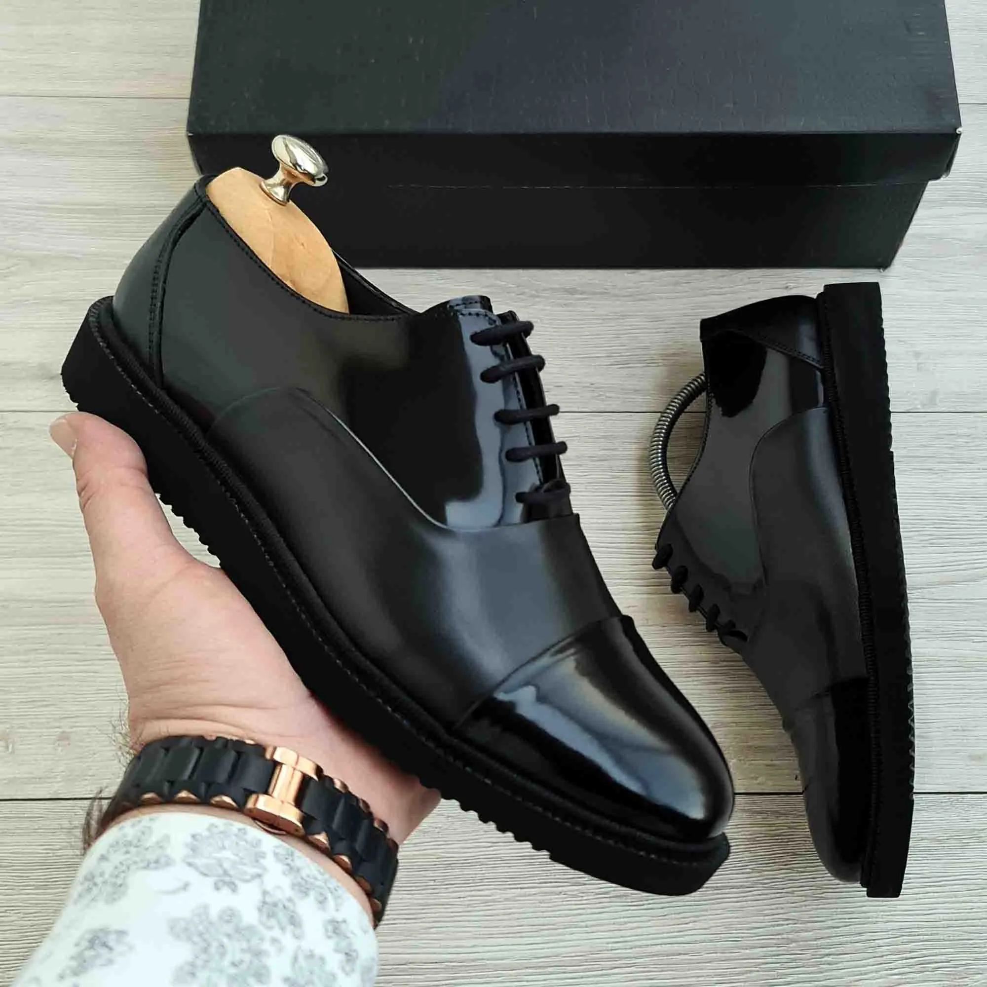 Black Men's Leather Cap Toe Derby Dress Shoes