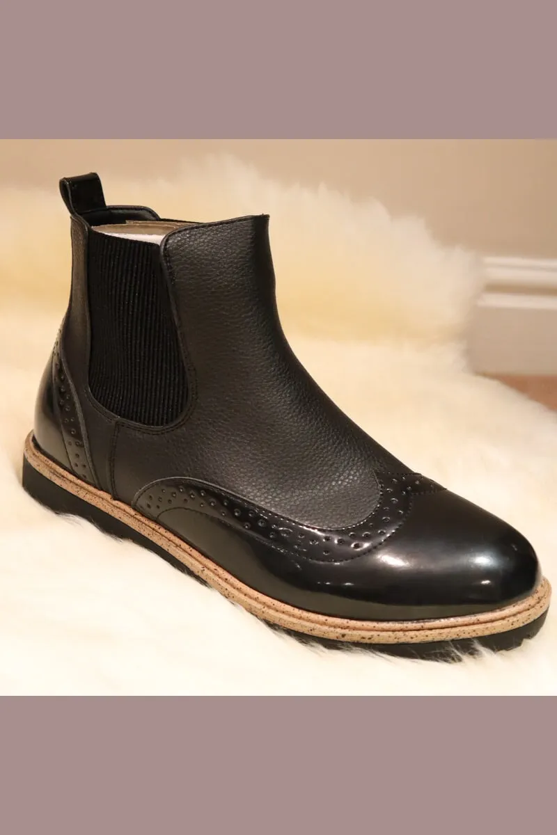 BLACK PATENT TRIM BROGUE STYLE FAUX LEATHER CHELSEA BOOT