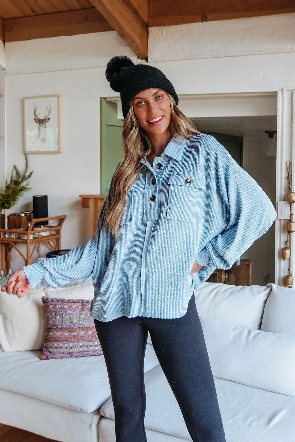 Blue Half Button Up Ribbed Pullover