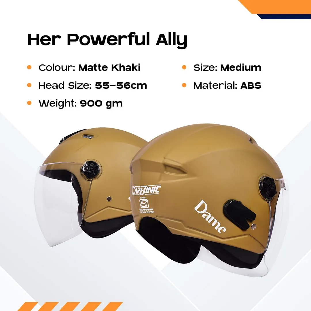 CARBINIC Dame Series Half Face Helmet for Women | ISI Certified | Clear & Scratch Resistant Visor | Lightweight & Stylish | Medium | Matt Khakhi