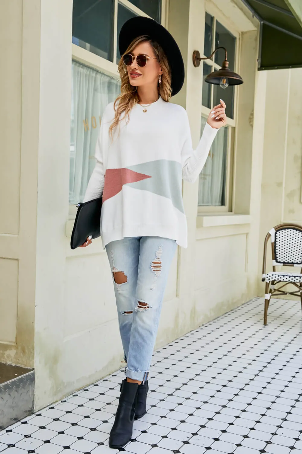 Color Block Round Neck Side Slit Sweater