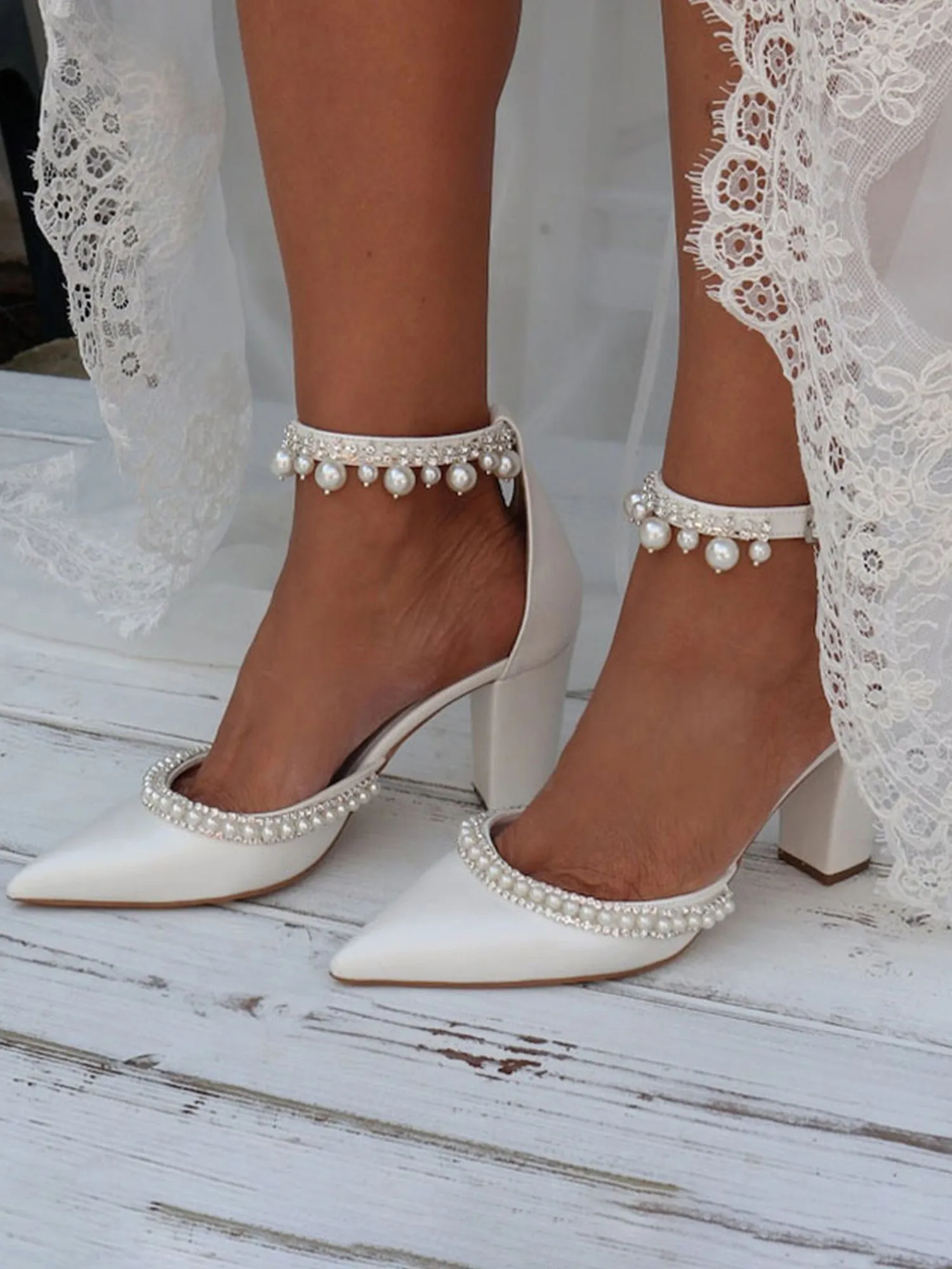 Elegant Pearl Diamond Ankle Strap Block High Heels