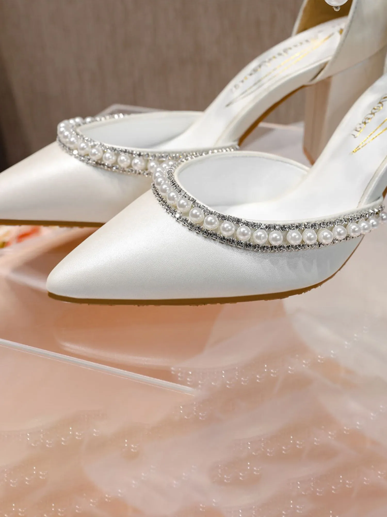 Elegant Pearl Diamond Ankle Strap Block High Heels