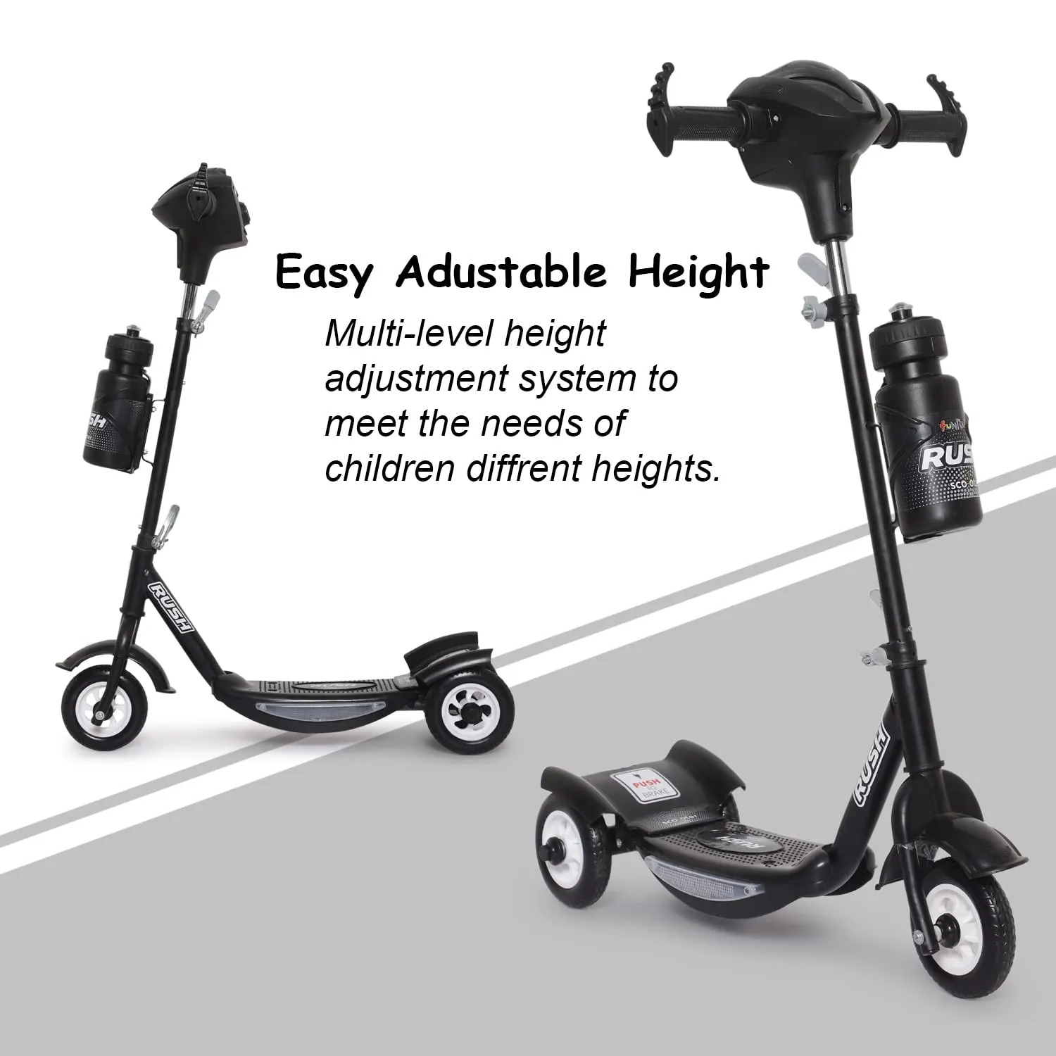 Fun Ride Funride Kids Scooter Rush Dx with Lights & Music, Three Wheel Kick Scooters for Boys & Girls with Sipper, Adjustable Height & Rear Brake, 3 Wheels Skate for Age 3-10 Years (Black)