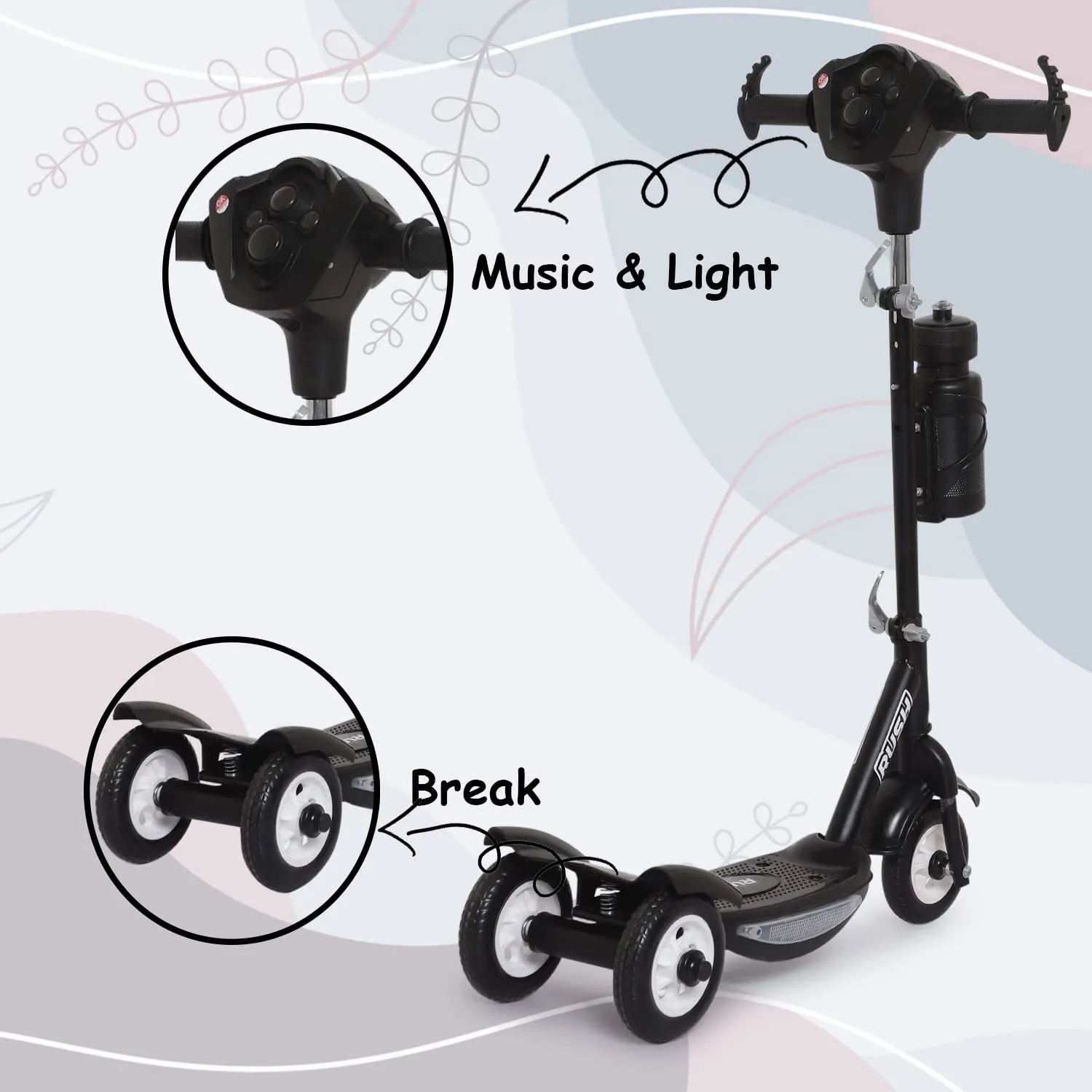 Fun Ride Funride Kids Scooter Rush Dx with Lights & Music, Three Wheel Kick Scooters for Boys & Girls with Sipper, Adjustable Height & Rear Brake, 3 Wheels Skate for Age 3-10 Years (Black)