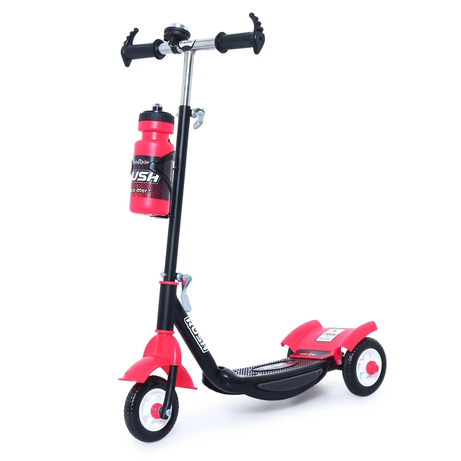 Fun Ride Funride Kids Scooter, Rush Three Wheel Kick Scooters for Boys & Girls with Sipper, Bell, Adjustable Height & Rear Brake, 3 Wheels Skate for Age 3-10 Years (Red)