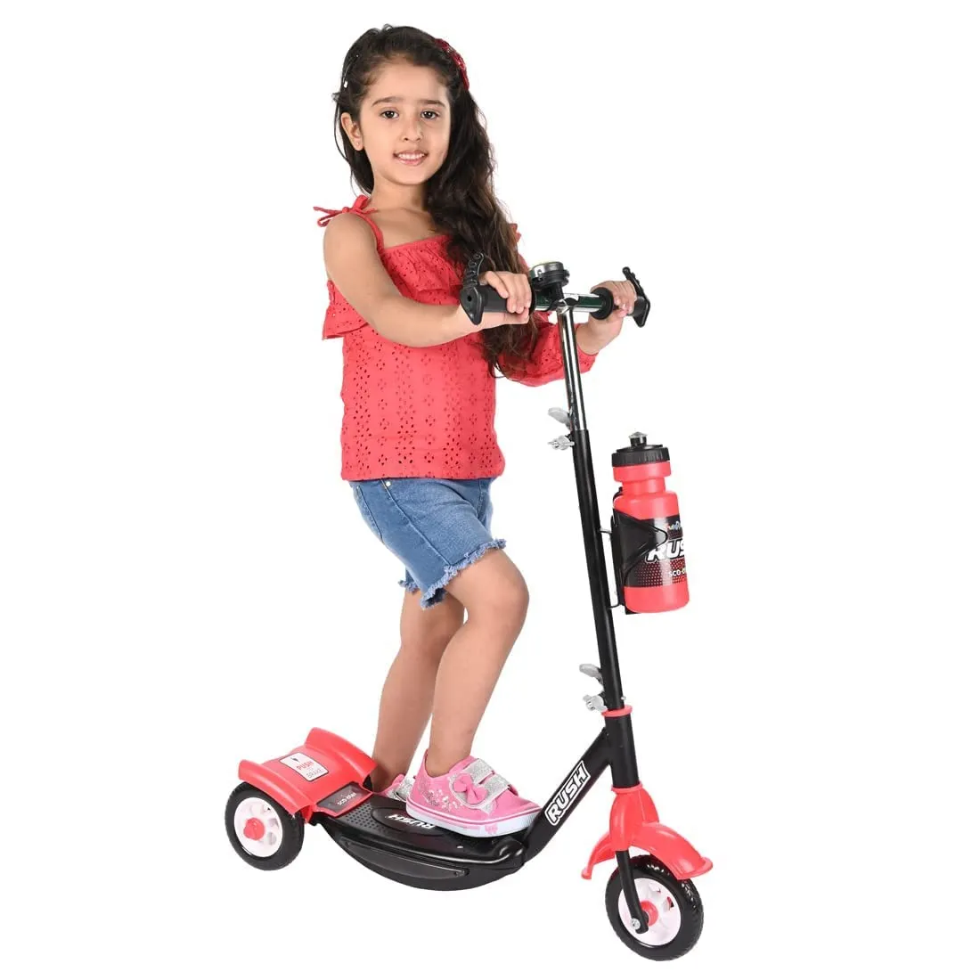 Fun Ride Funride Kids Scooter, Rush Three Wheel Kick Scooters for Boys & Girls with Sipper, Bell, Adjustable Height & Rear Brake, 3 Wheels Skate for Age 3-10 Years (Red)