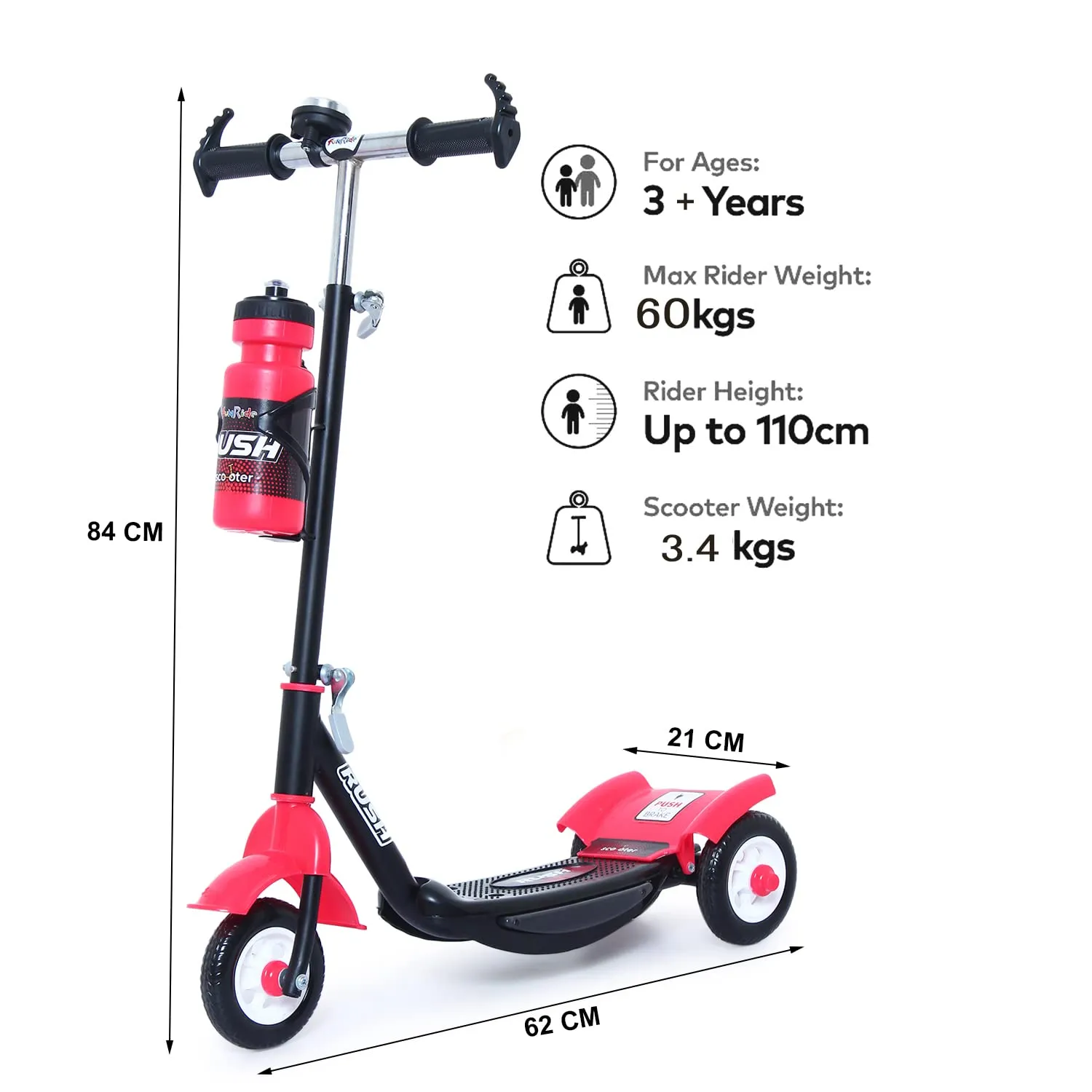 Fun Ride Funride Kids Scooter, Rush Three Wheel Kick Scooters for Boys & Girls with Sipper, Bell, Adjustable Height & Rear Brake, 3 Wheels Skate for Age 3-10 Years (Red)