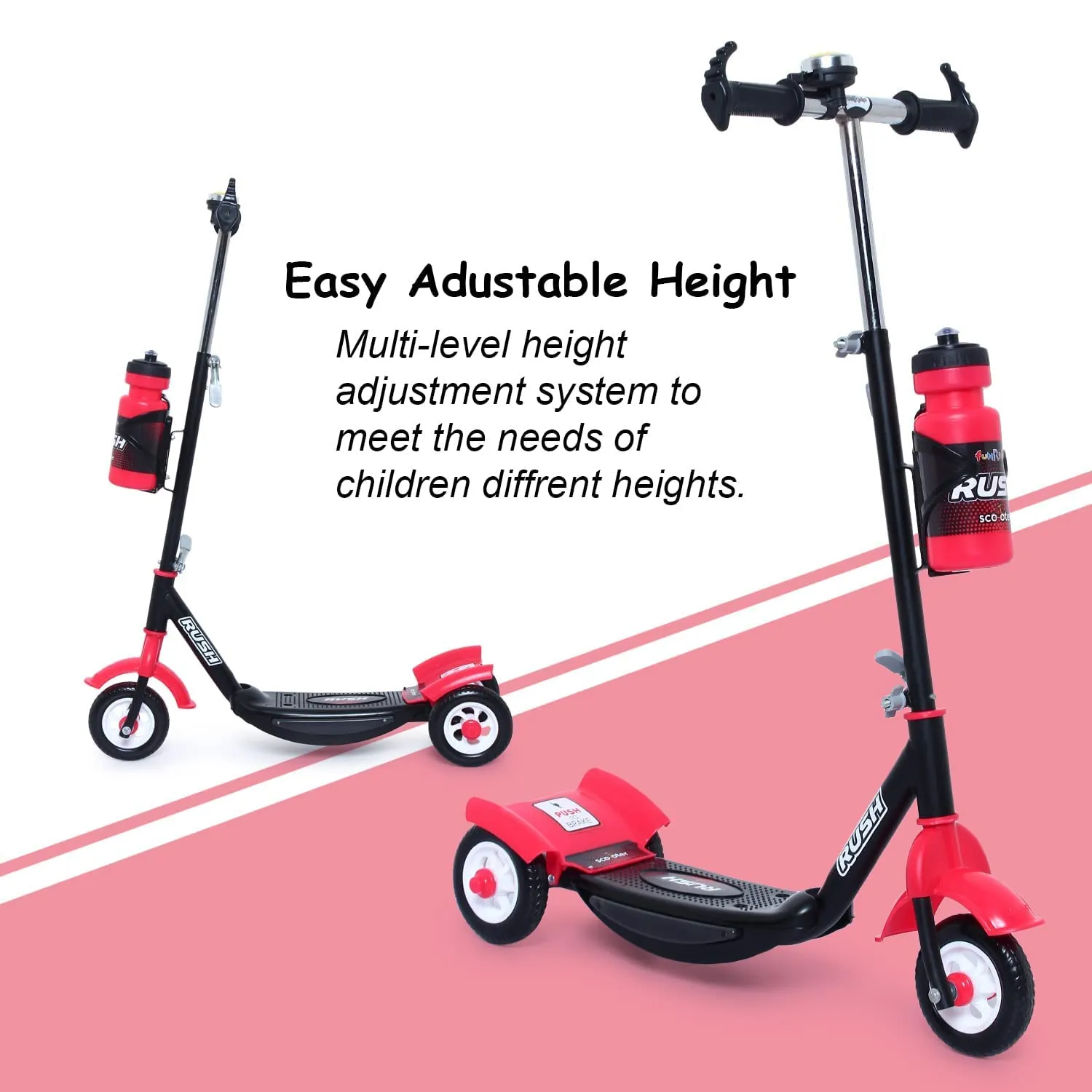 Fun Ride Funride Kids Scooter, Rush Three Wheel Kick Scooters for Boys & Girls with Sipper, Bell, Adjustable Height & Rear Brake, 3 Wheels Skate for Age 3-10 Years (Red)