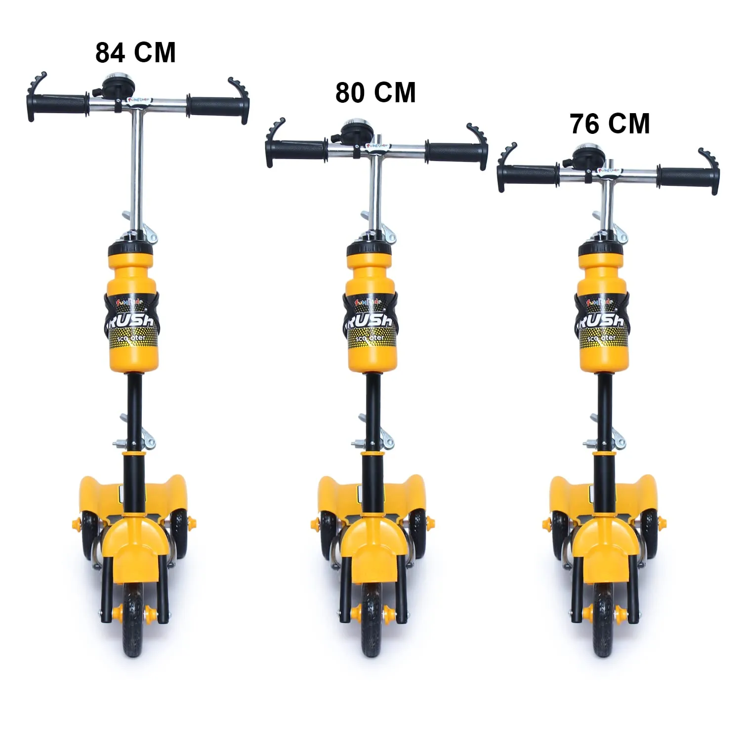 Fun Ride Funride Kids Scooter, Rush Three Wheel Kick Scooters for Boys & Girls with Sipper, Bell, Adjustable Height & Rear Brake, 3 Wheels Skate for Age 3-10 Years (Yellow)