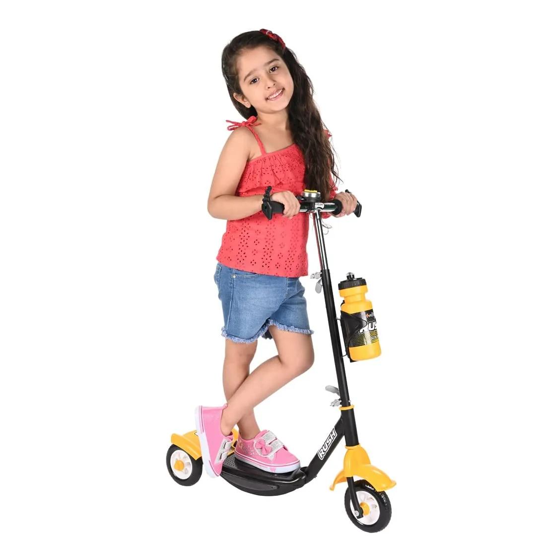 Fun Ride Funride Kids Scooter, Rush Three Wheel Kick Scooters for Boys & Girls with Sipper, Bell, Adjustable Height & Rear Brake, 3 Wheels Skate for Age 3-10 Years (Yellow)