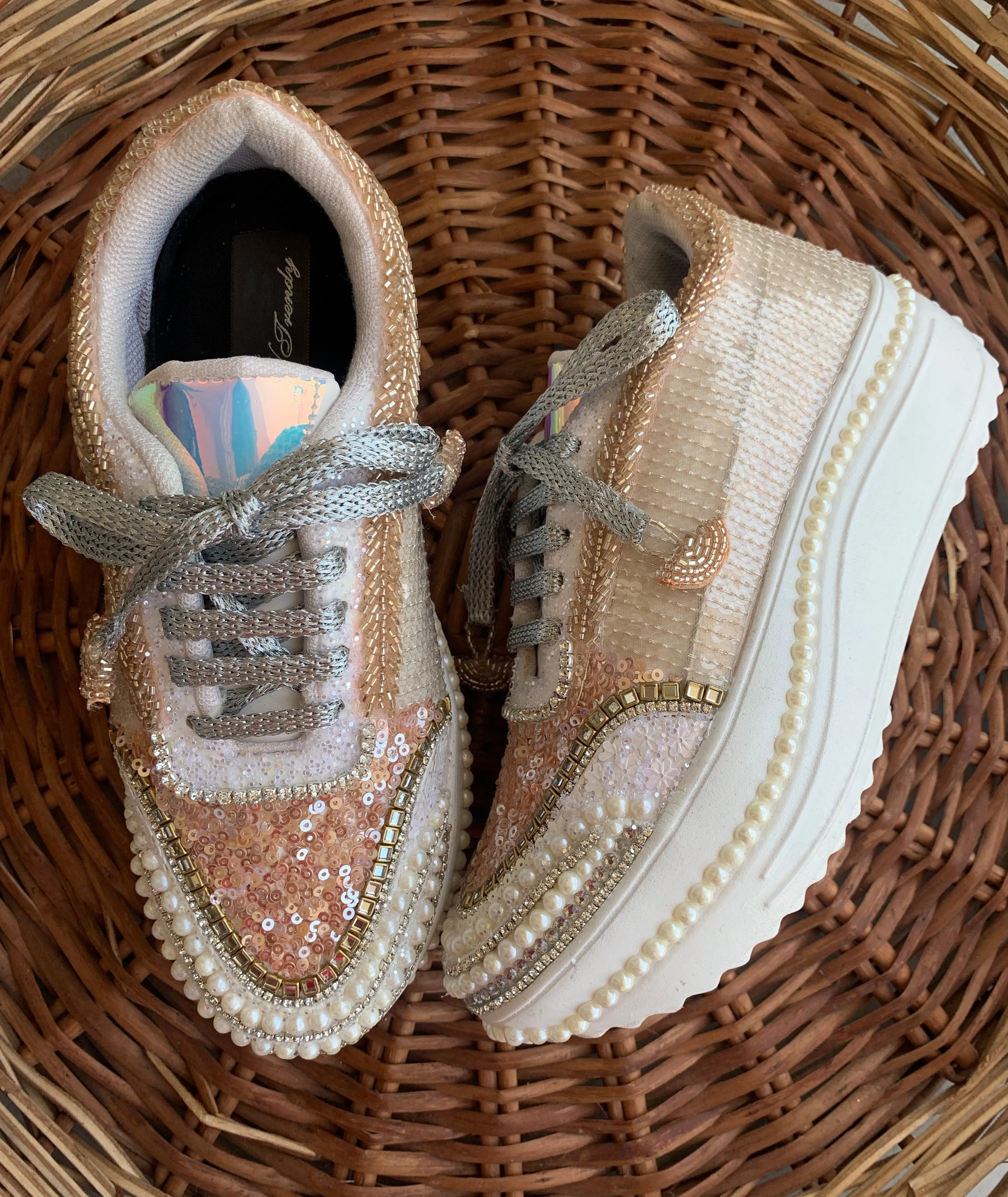 FUNKY N TRENDY tan peach with rose gold hand work sneakers for brides / bridesmaids/ rose gold sneakers / rose gold shoes