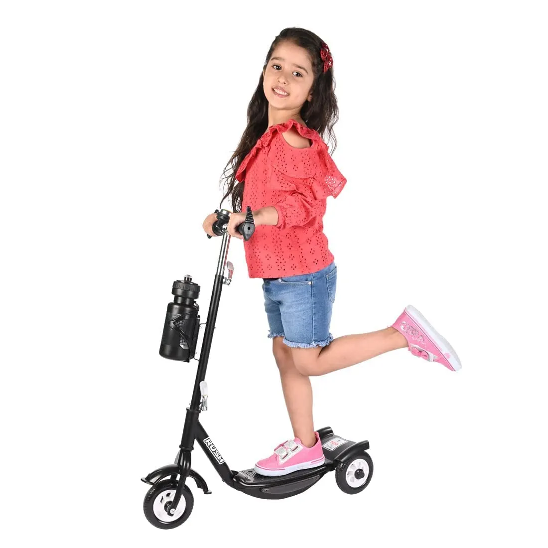 FunRide Kids Scooter - Rush Three Wheel Kick Scooters for Boys and Girls with Sipper, Bell, Adjustable Height and Rear Brake - 3 Wheels Skate for Age 3-10 Years (Black)