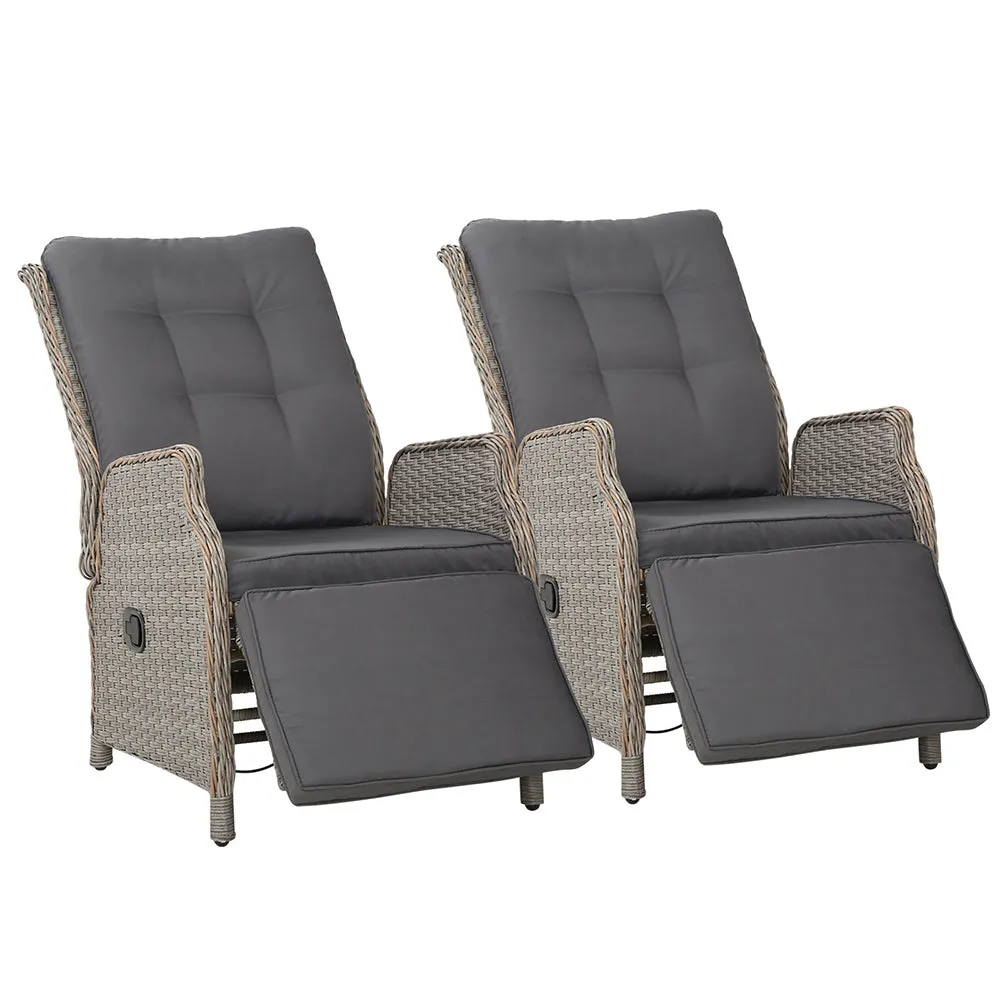 Gardeon Set of 2 Recliner Chairs Sun lounge Outdoor Furniture Setting Patio Wicker Sofa Grey