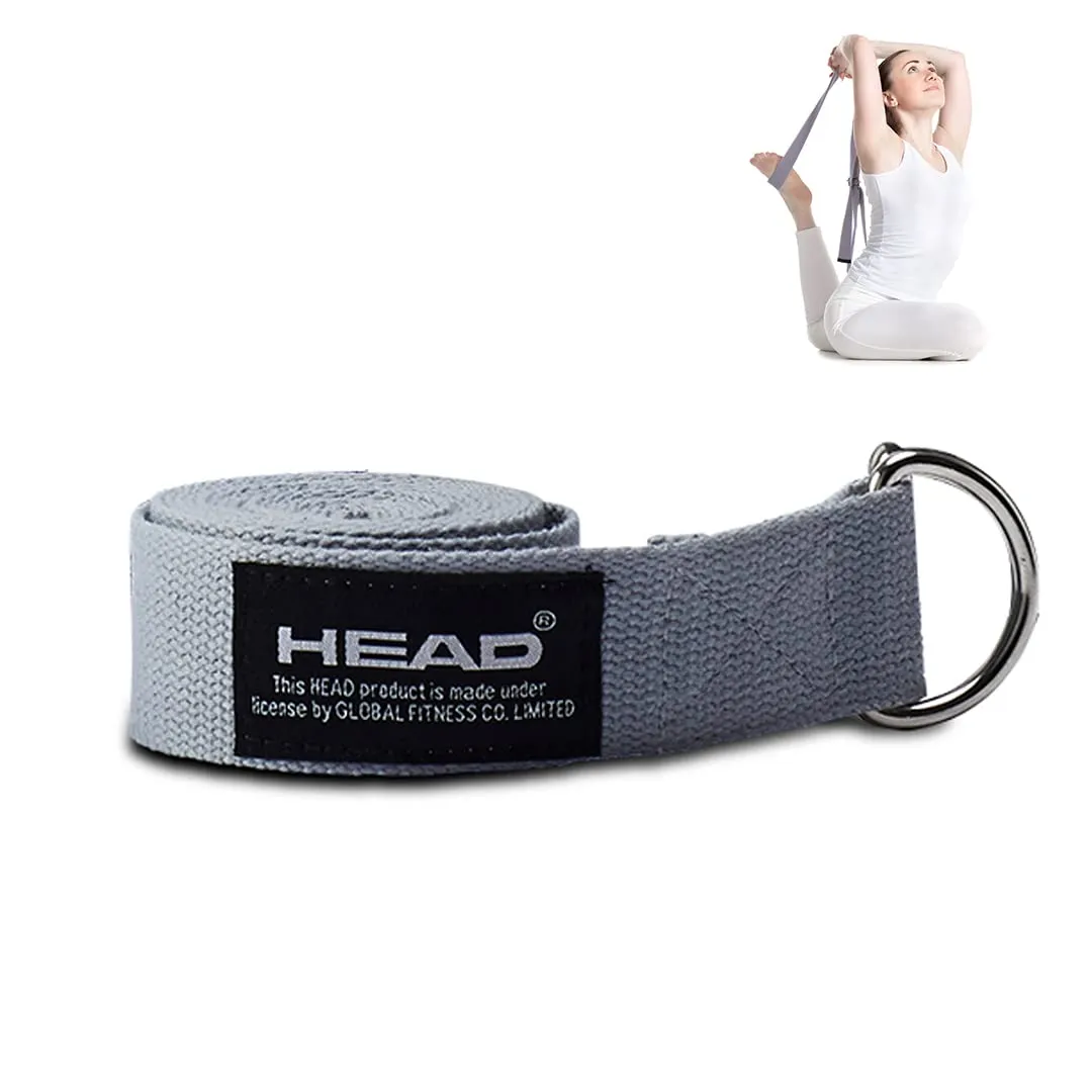 HEAD Yoga Belt for Women & Men | Yoga Strap for Stretching, Therapy, Gymnastics & Pilates with Extra Safe Adjustable D-Ring Buckle | Yoga Accessories for Women | Durable and Comfy Texture | 8.3 Feet, Grey