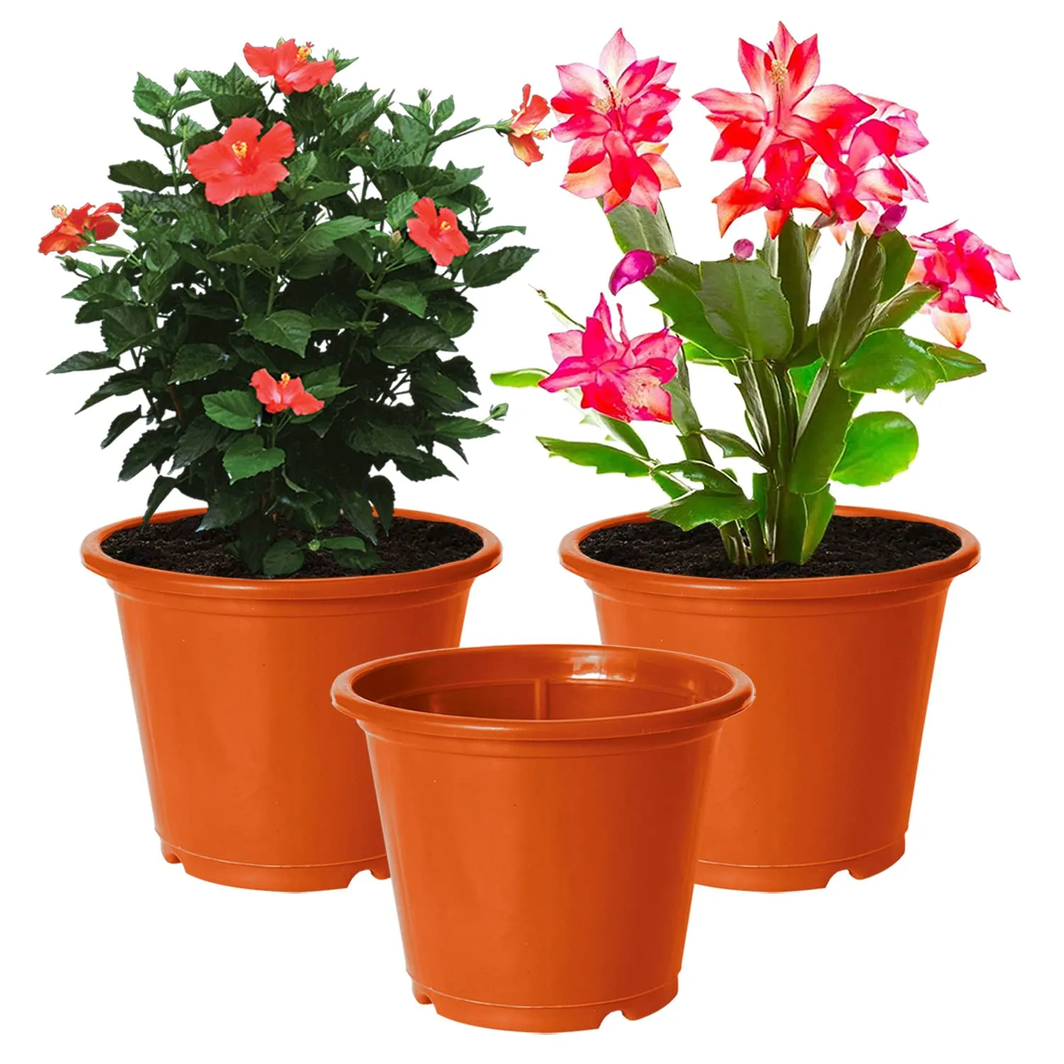 Kuber Industries Durable Plastic Flower Pot|Gamla with Drain Holes for Indoor Home Decor & Outdoor Balcony,Garden,6"x5",Pack of 3 (Orange)