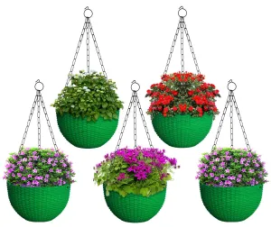 Kuber Industries Plastic Hanging Flower Pot for Balcony & Railing Set of 5 (Green)-18x18x59 cm