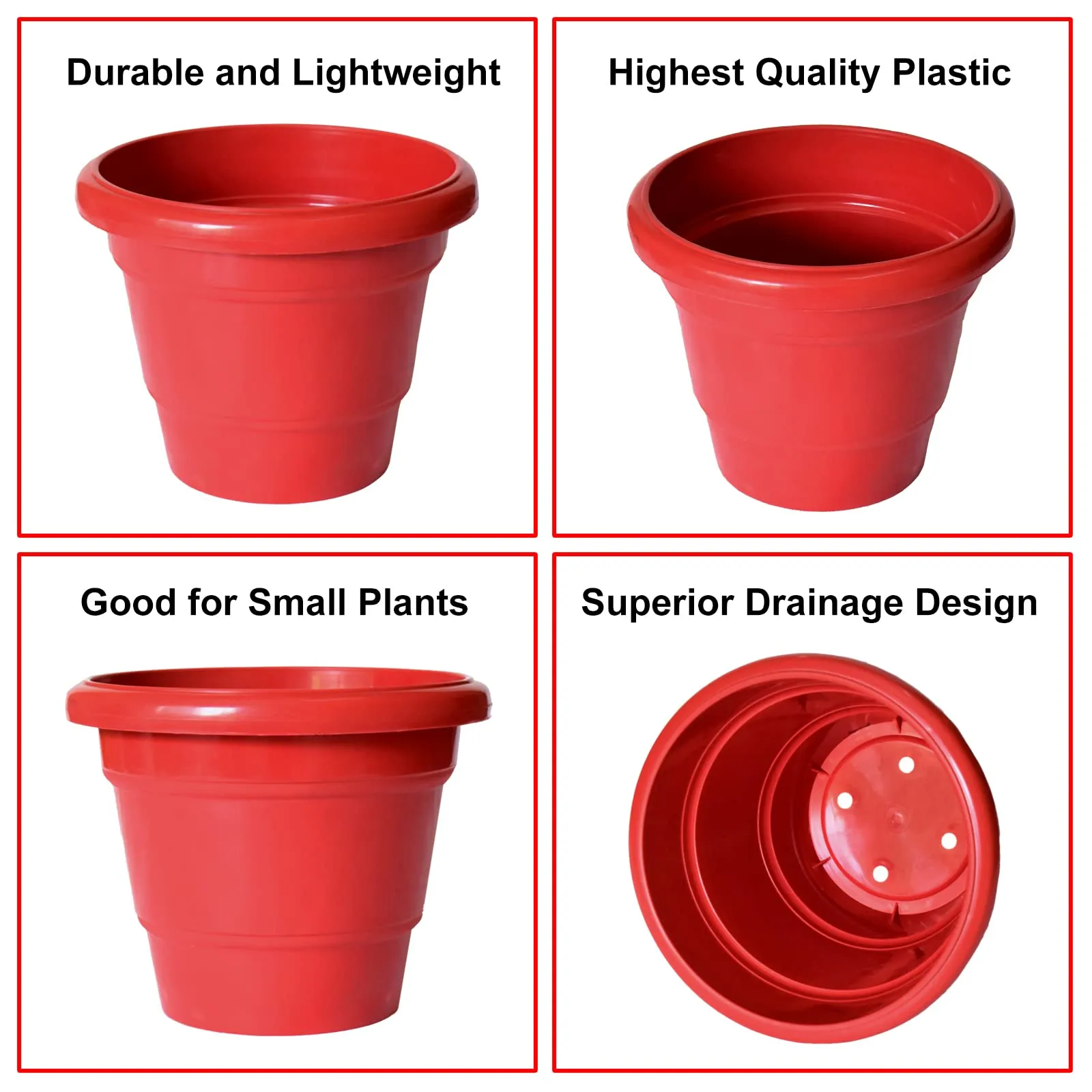 Kuber Industries Solid 2 Layered Plastic Flower Pot|Gamla for Home Decor,Nursery,Balcony,Garden,8"x 6",Pack of 8 (Red)