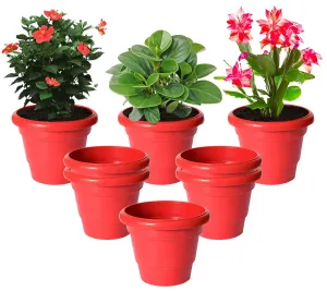 Kuber Industries Solid 2 Layered Plastic Flower Pot|Gamla for Home Decor,Nursery,Balcony,Garden,8"x 6",Pack of 8 (Red)