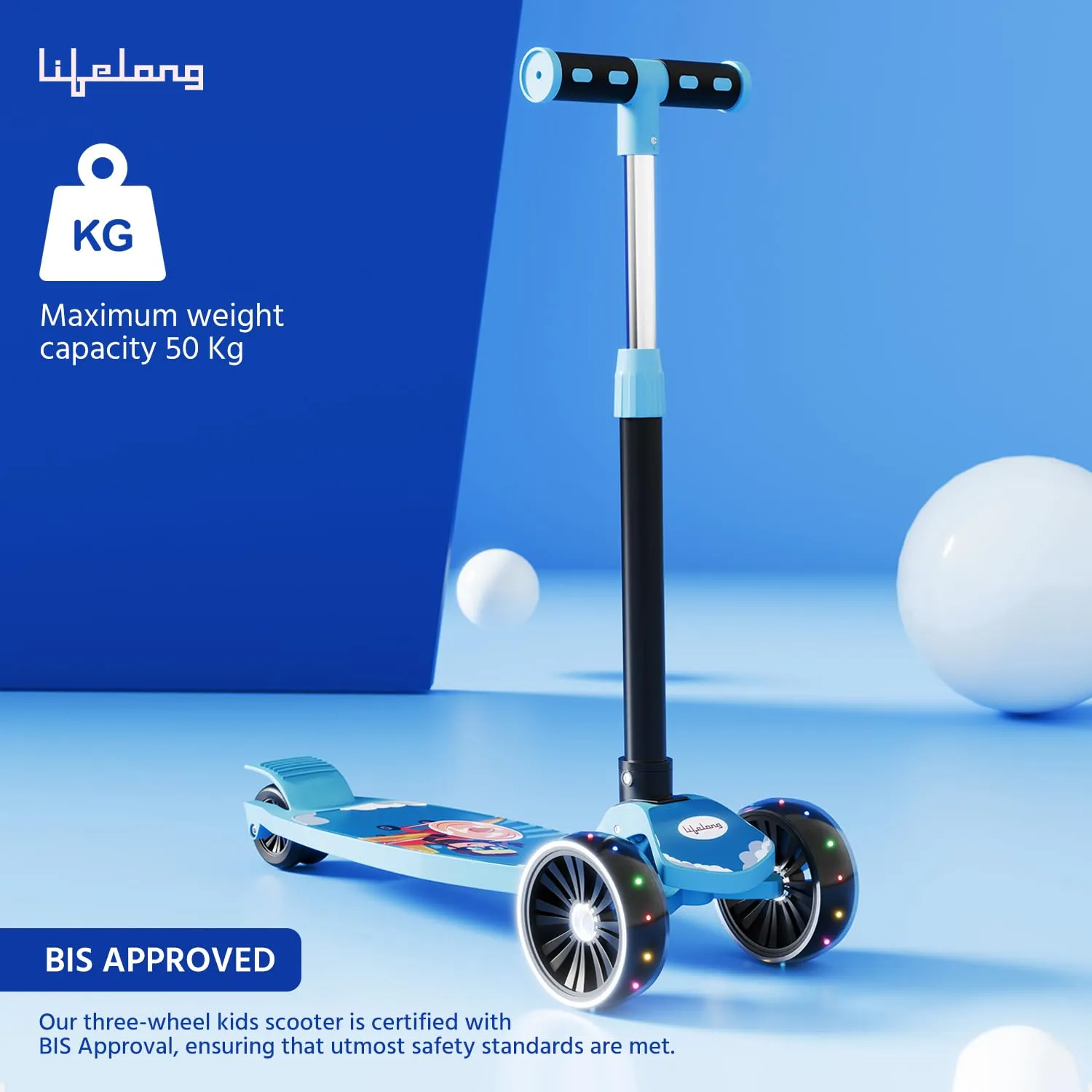 Lifelong Scooter for Kids 3  Years - Foldable Kids Scooter with LED Wheels & Adjustable Height - Kick Scooter Capacity 50kg- Baby Scooter Toys for 3  Year Old boy & Girl Skate Scooter, Blue & Black