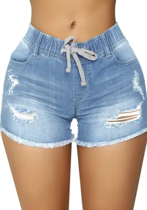 Light Blue Drawstring-Waist Raw Hem Ripped Shorts