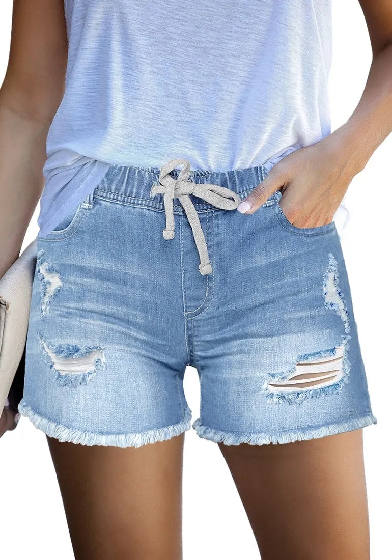 Light Blue Drawstring-Waist Raw Hem Ripped Shorts