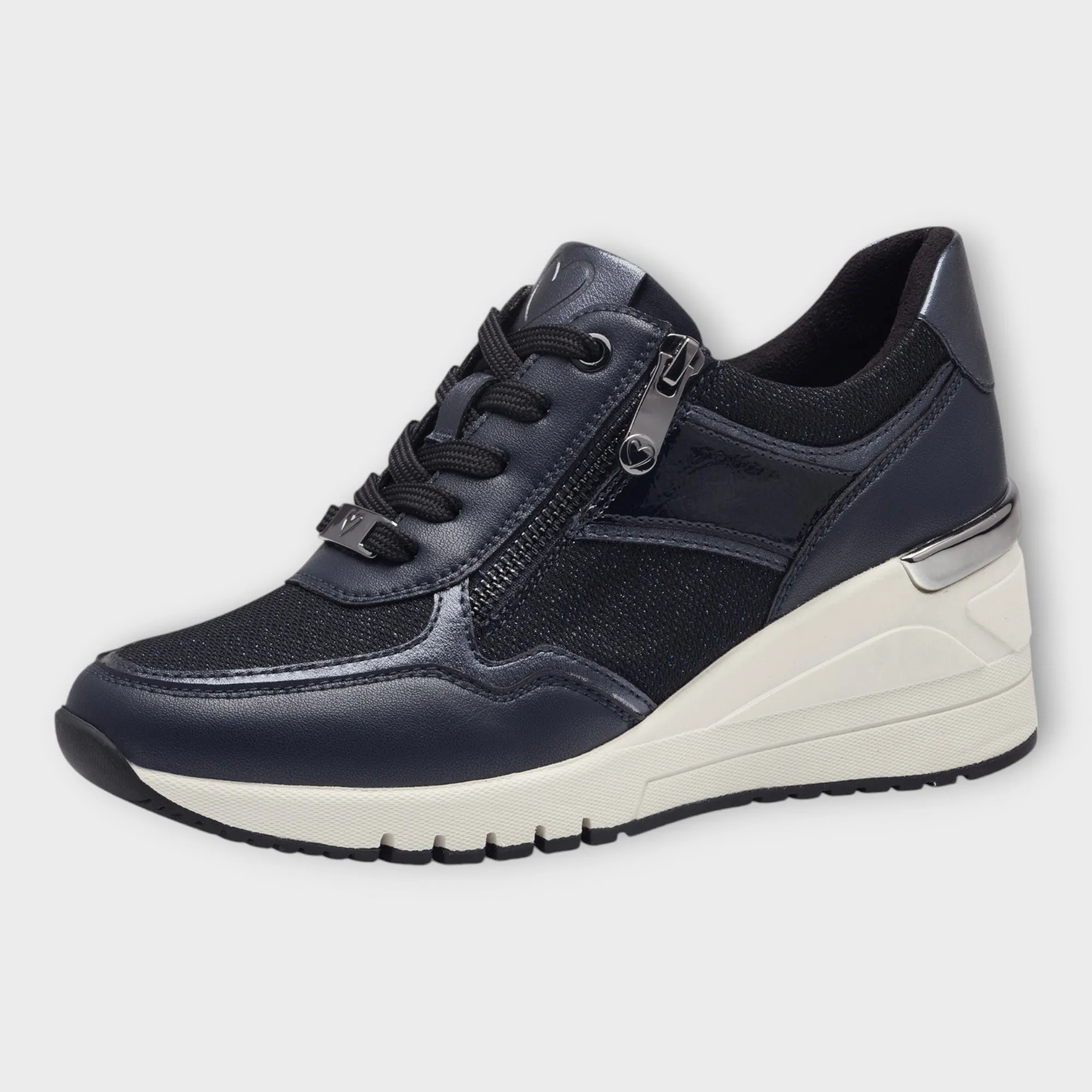 Marco Tozzi Navy Trainers with Wedge Sole and Silver Detail