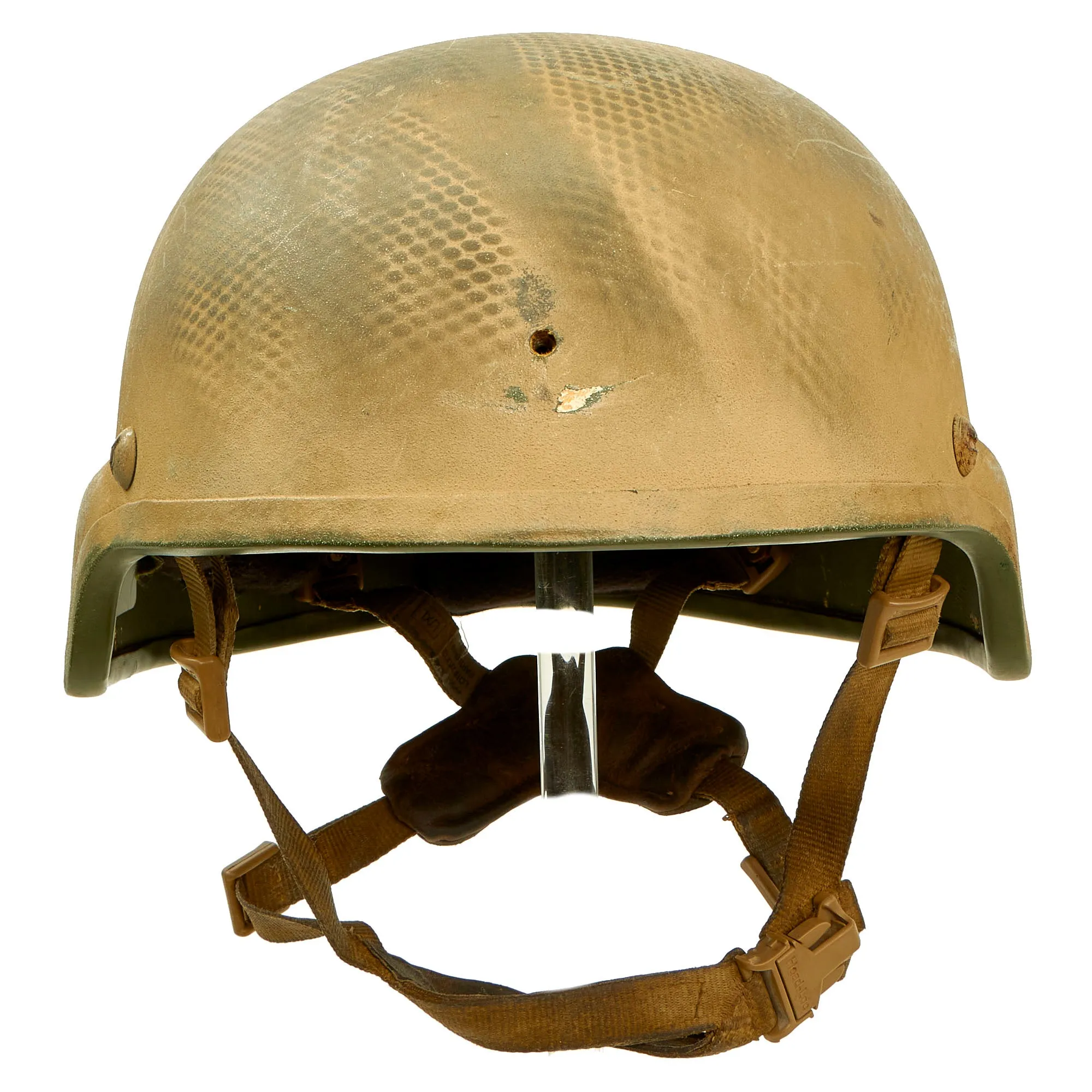 Original U.S. Global War on Terror Modular Integrated Communications Helmet (MICH) Complete With Mesh Laundry Bag Applied Paint, Chinstrap and Gel Pad Inserts