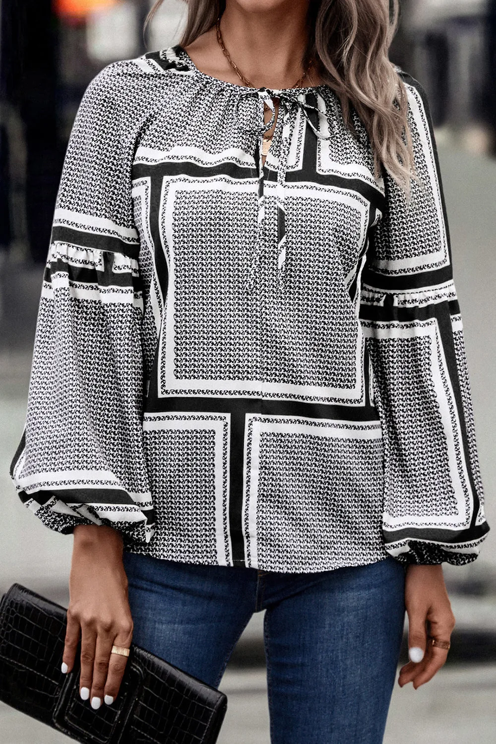 Printed Tie Neck Balloon Sleeve Blouse