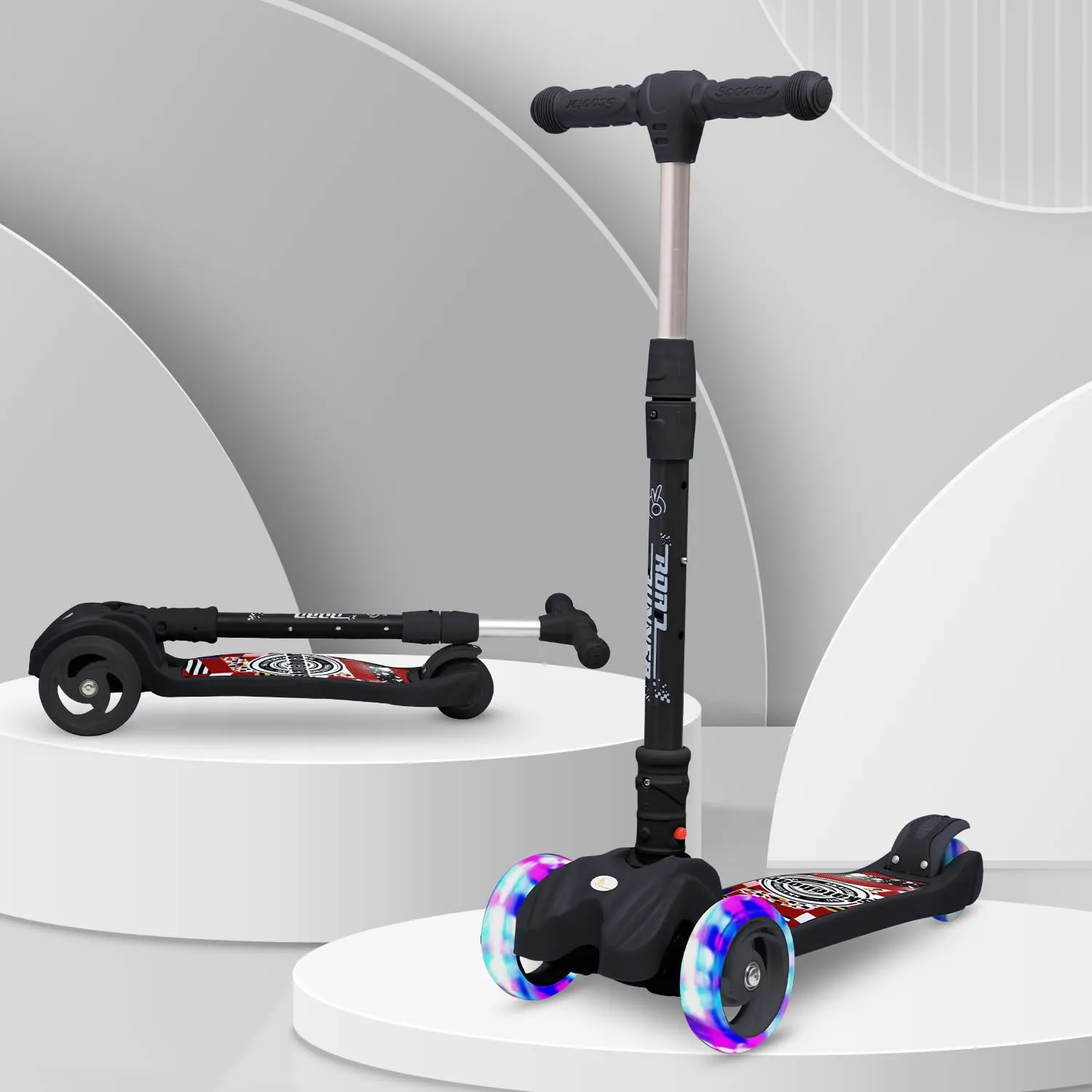 R for Rabbit Road Runner Scooter for Kids of 3 to 14 Years Age 4 Adjustable Height, Foldable, LED PU Wheels & Weight Capacity 75 kgs Kick Scooter with Brakes | 6 Months Warranty | (Black)