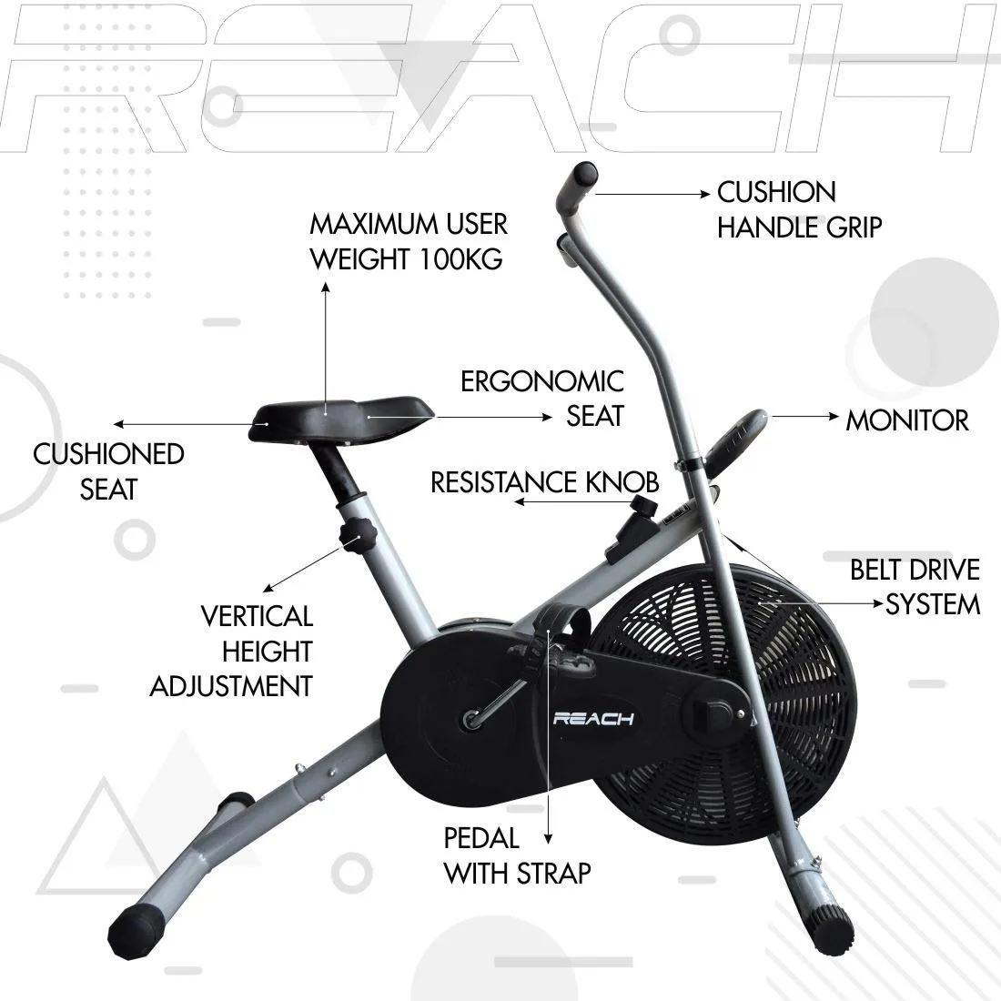 Reach AB-90 Air Bike Exercise Cycle Indoor Gym Equipment | Stationary Upright Exercise Bike for Fitness & Cardio Workouts | Suitable for Weight Loss Exercise with Adjustable Seat & Resistance