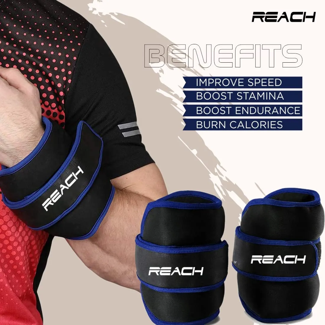 Reach Premium Ankle & Wrist Weight Bands 500g X 2 Blue | Weights For Arms & Legs | Adjustable Gym Weights For Fitness Walking Running Jogging Exercise | Men & Women | 12 Months Warranty