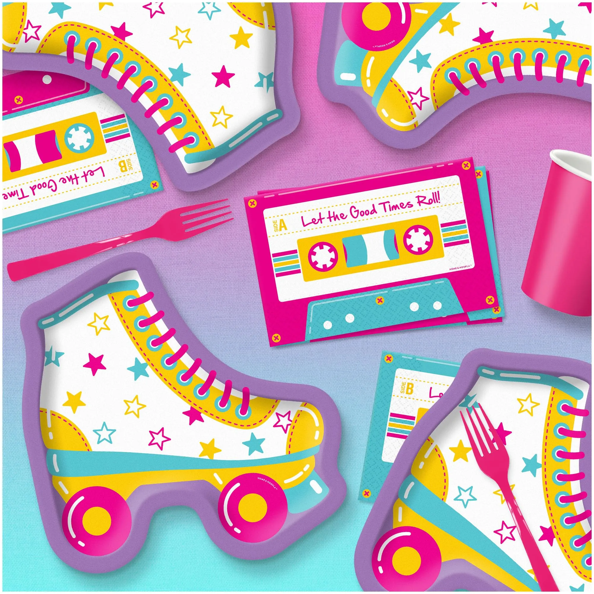 Retro Roller Skate Paper Plates & Cassette Tape Napkins for Decades Party (Serves 16)