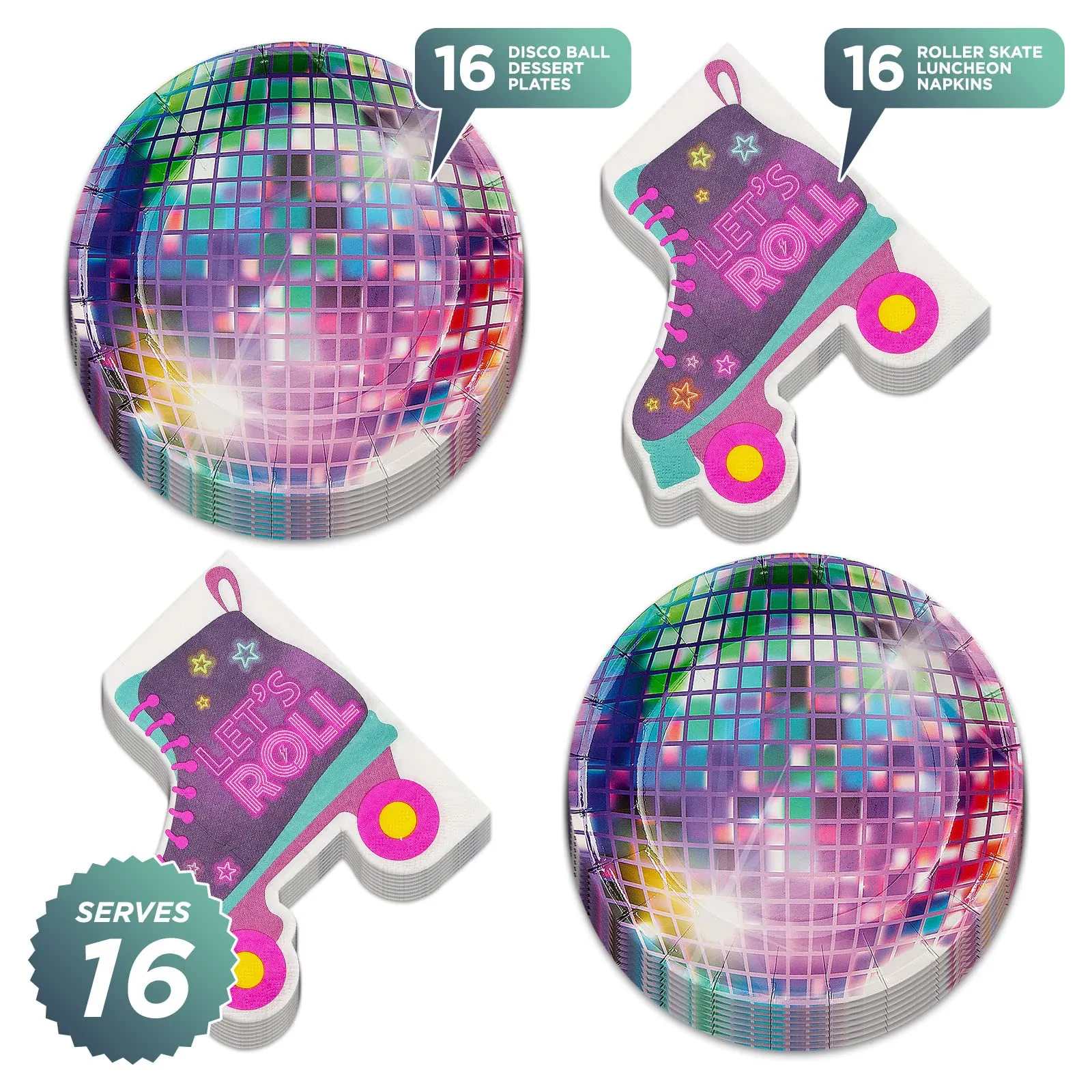 Retro Vibes 70's Disco & Roller Skate Paper Dessert Plates and Shaped Napkins (Serves 16)