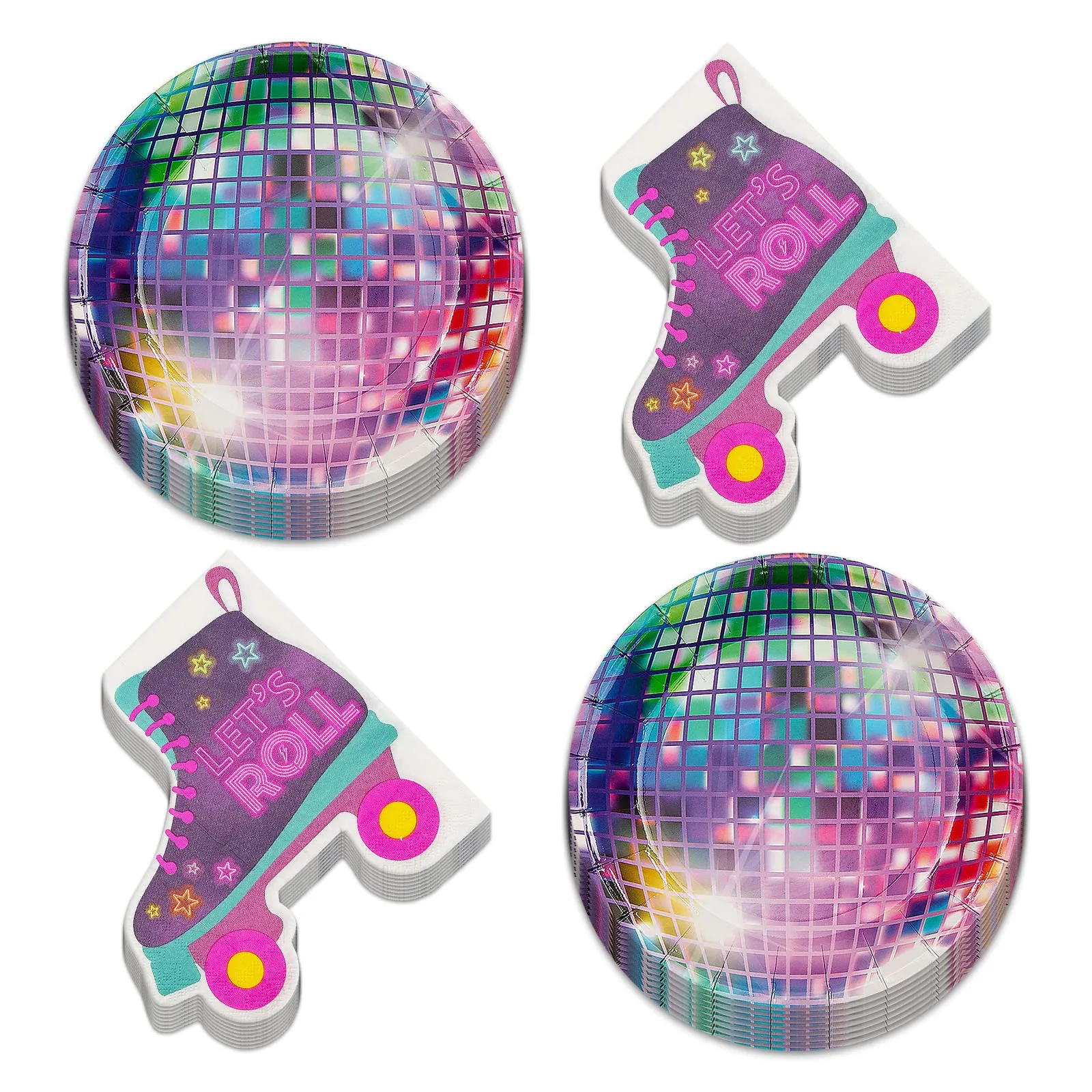 Retro Vibes 70's Disco & Roller Skate Paper Dessert Plates and Shaped Napkins (Serves 16)