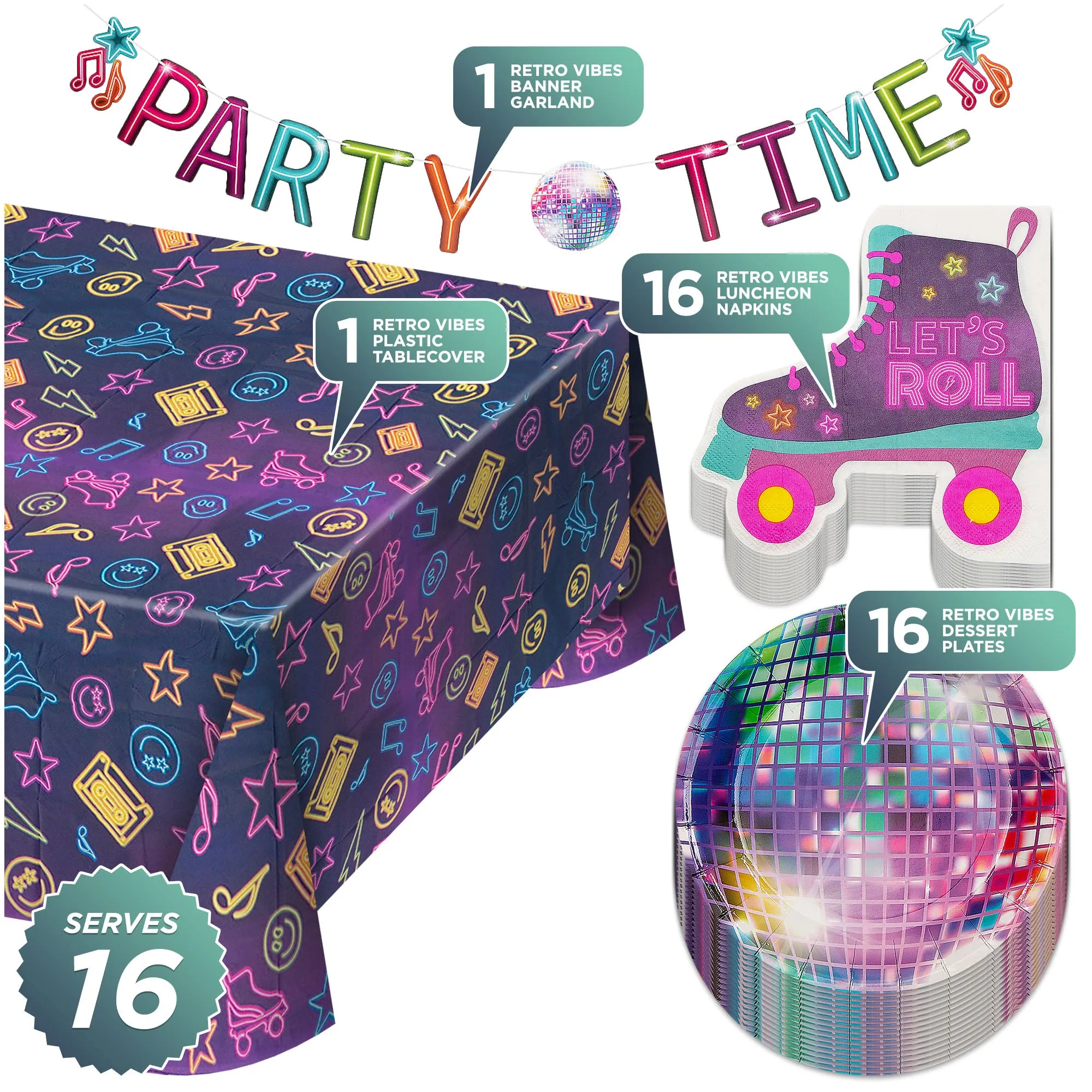 Retro Vibes 70's Disco & Roller Skate Paper Dessert Plates, Shaped Napkins, Table Cover, and Garland (Serves 16)