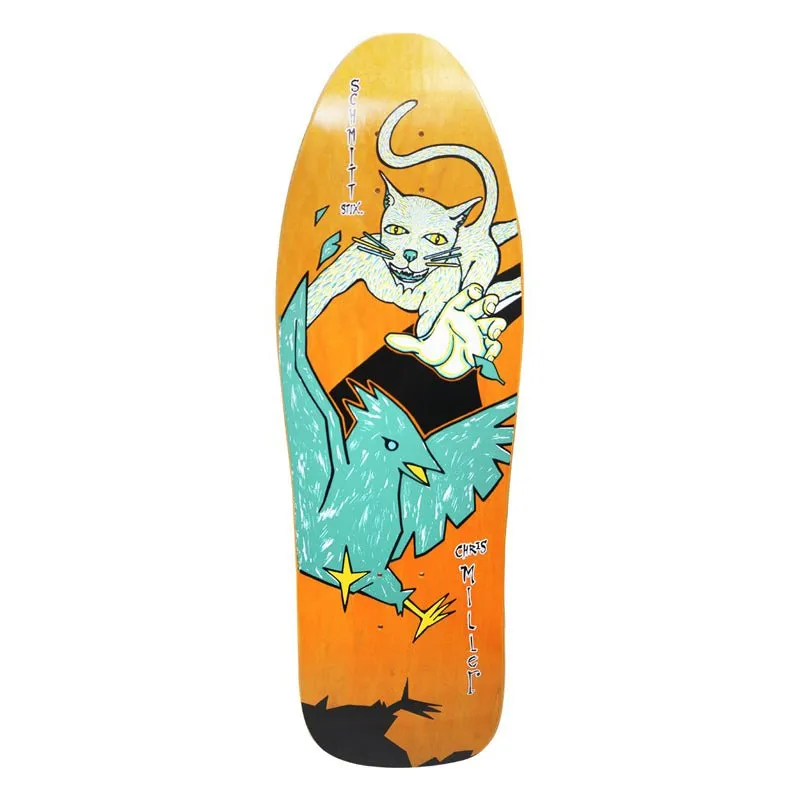 Schmitt Stix 9.5" x 30" Chris Miller Cat Bird (ORANGE STAIN) Skateboard Deck