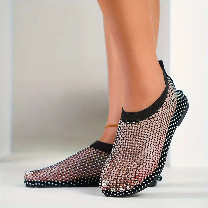 Sexy Silver Rhinestone Black Mesh Ankle Booties