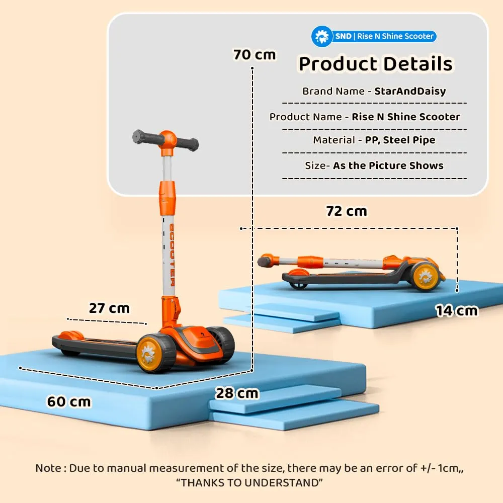 StarAndDaisy Scooter for Kids 3-12 Years Boys & Girls / 3 Wheel Skate Scooter with PU Led Wheels, 4 Gear Height Adjustment, Foldable Design to Easy Store, Up to 100 Kg Weight Support (Orange-Black)