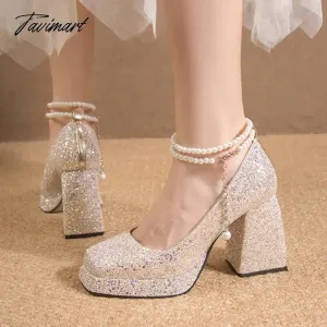 TAVIMART -  Luxury Gold Glitter High Heels Pumps for Women Spring Pearl Ankle Strap Wedding Shoes Woman Chunky Platform Mary Jane Shoes