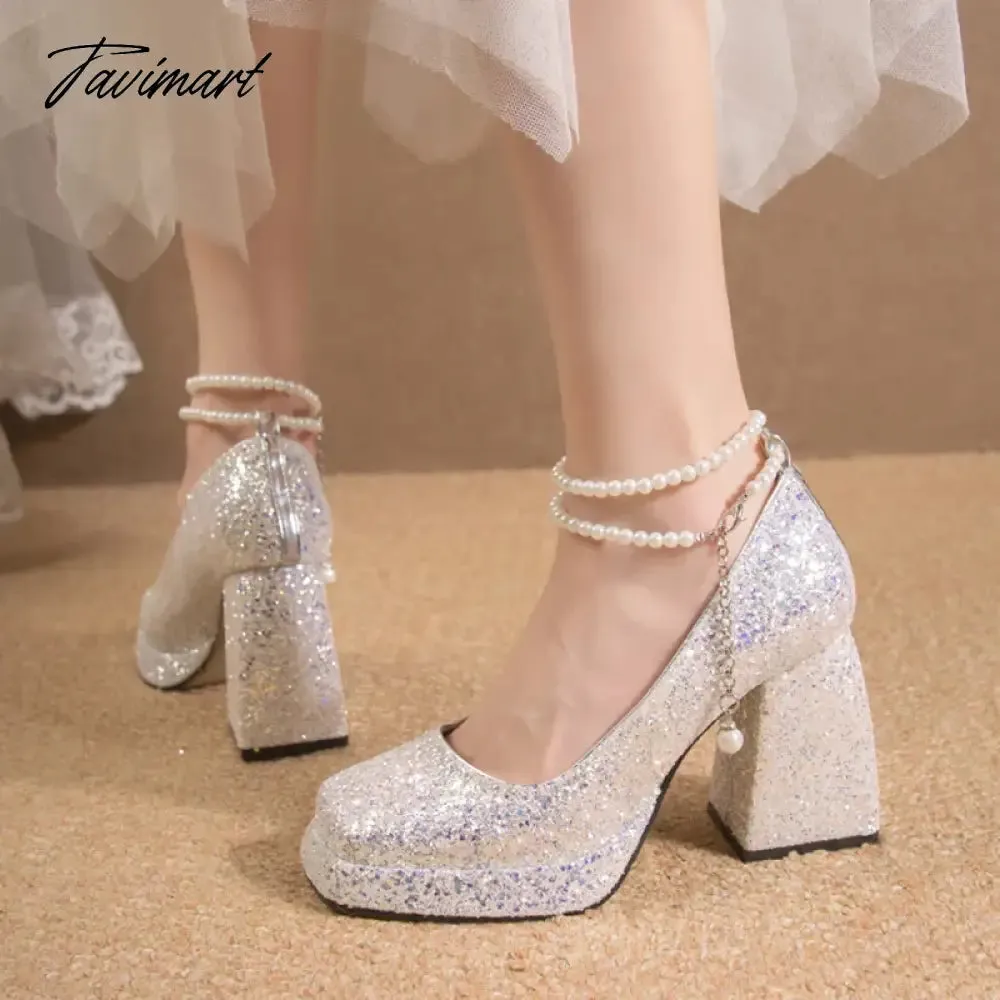 TAVIMART -  Luxury Gold Glitter High Heels Pumps for Women Spring Pearl Ankle Strap Wedding Shoes Woman Chunky Platform Mary Jane Shoes