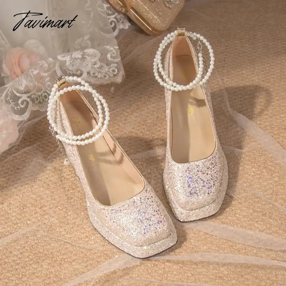 TAVIMART -  Luxury Gold Glitter High Heels Pumps for Women Spring Pearl Ankle Strap Wedding Shoes Woman Chunky Platform Mary Jane Shoes