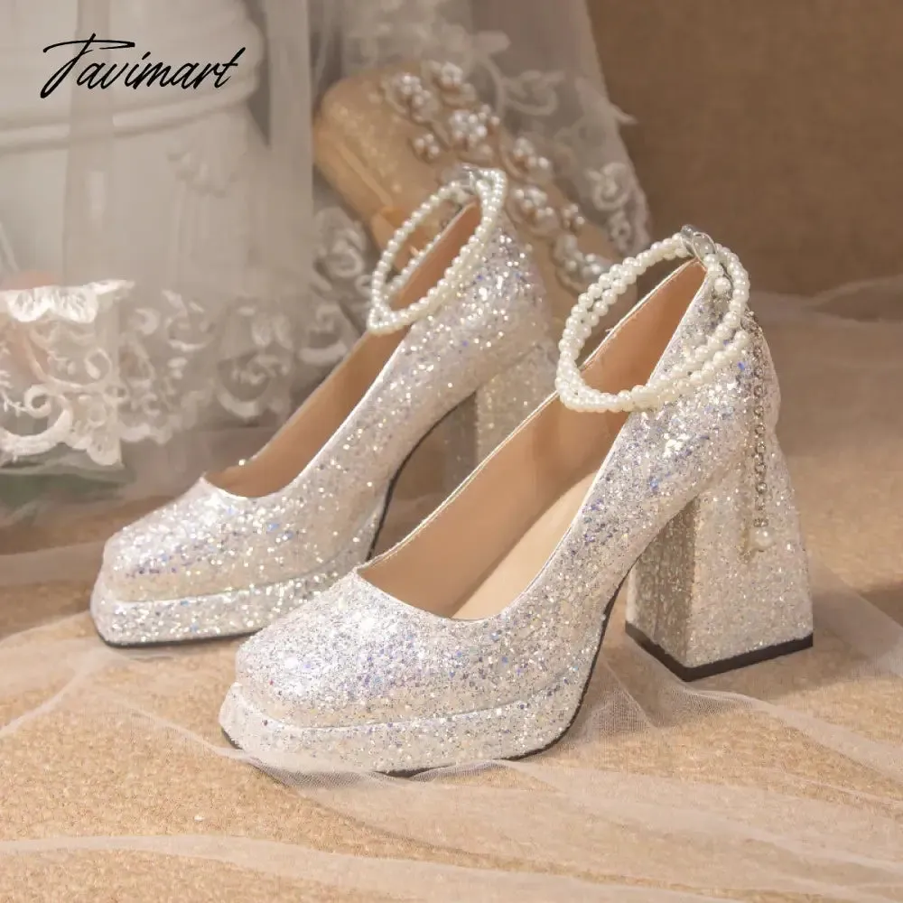 TAVIMART -  Luxury Gold Glitter High Heels Pumps for Women Spring Pearl Ankle Strap Wedding Shoes Woman Chunky Platform Mary Jane Shoes