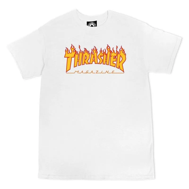 Thrasher Skateboard Magazine Flame Logo White T-Shirts