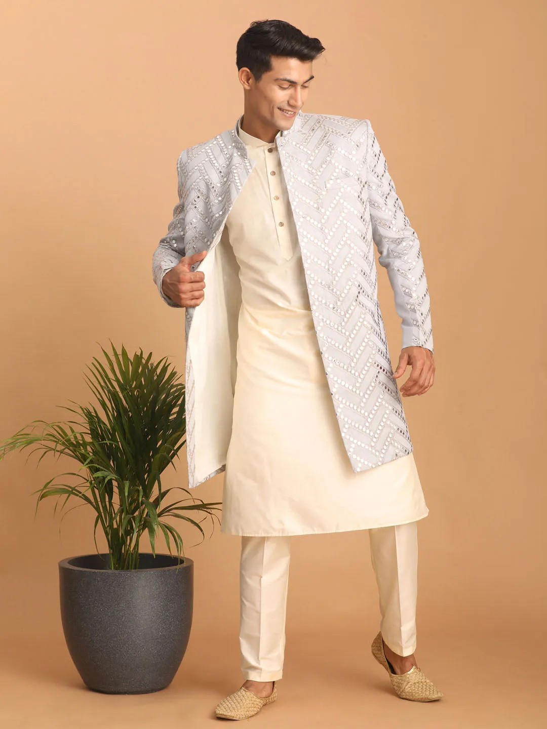 Vastramay Aqua Blue Mirror Sherwani Set